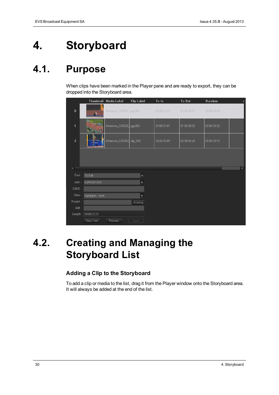 Storyboard, Purpose, Creating and managing the storyboard list | EVS XEDIO Cutter Version 4.35 - August 2013 User Manual User Manual | Page 38 / 46