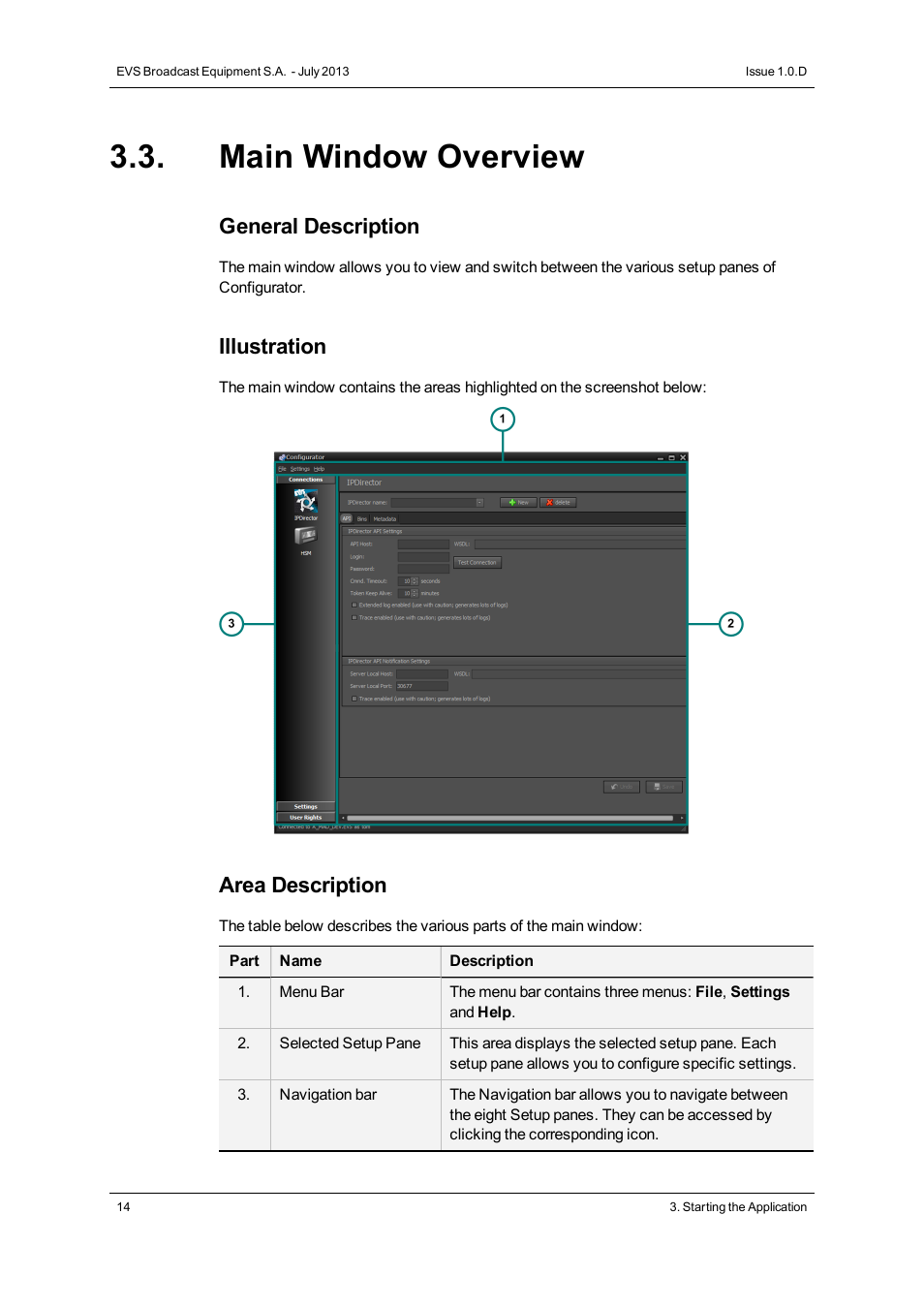 Main window overview, General description, Illustration | Area description | EVS IP2Archive Configurator Version 1.0 - July 2013 User Manual User Manual | Page 18 / 73
