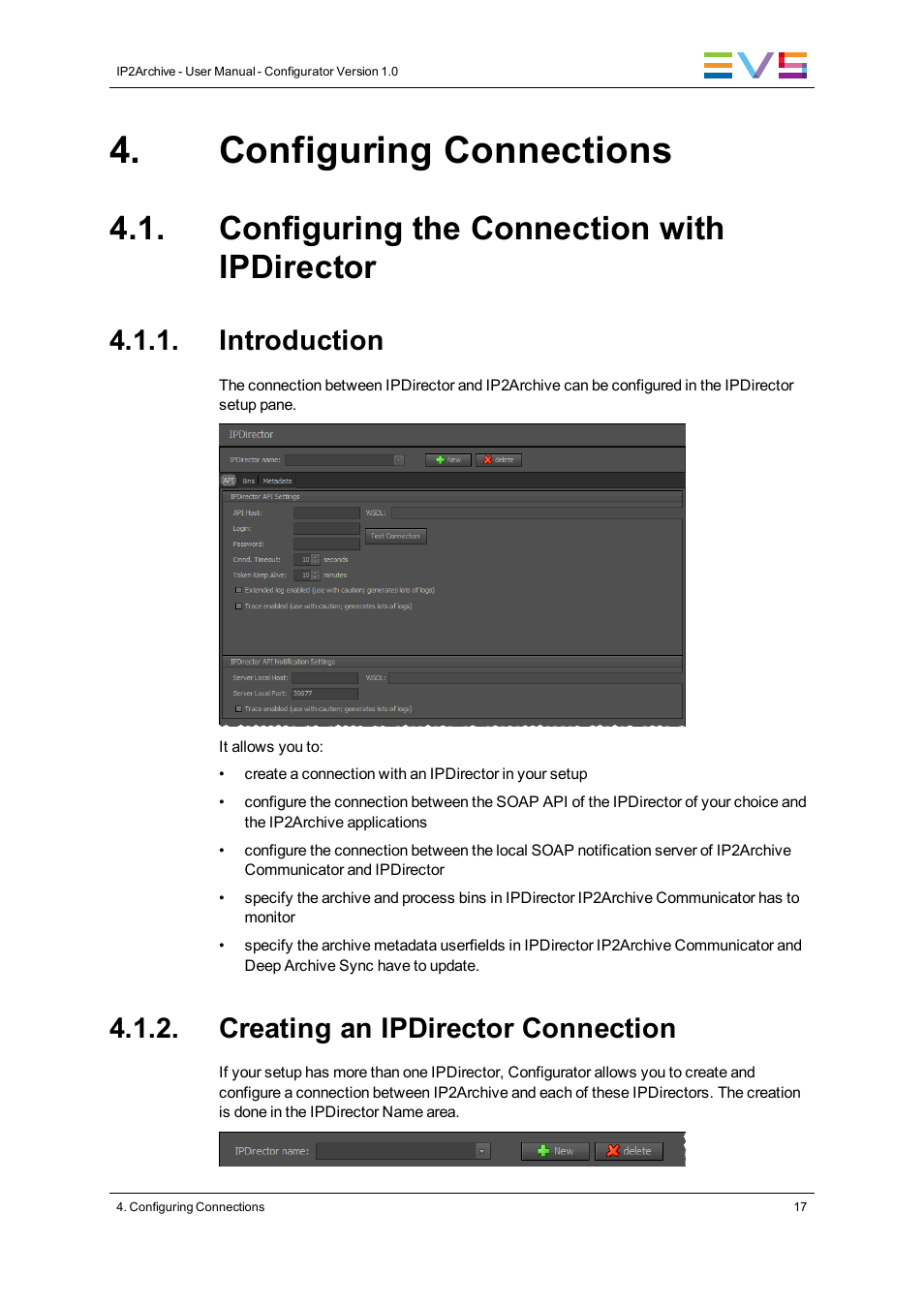 Configuring connections, Configuring the connection with ipdirector, Introduction | Creating an ipdirector connection | EVS IP2Archive Configurator Version 1.0 - July 2013 User Manual User Manual | Page 21 / 73