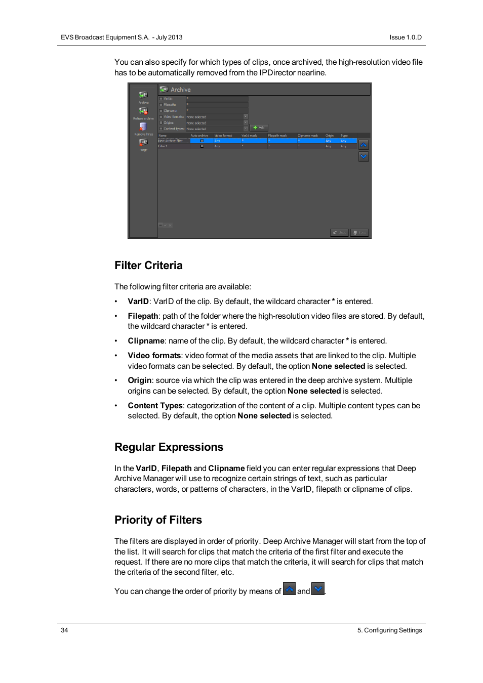 Filter criteria, Regular expressions, Priority of filters | EVS IP2Archive Configurator Version 1.0 - July 2013 User Manual User Manual | Page 38 / 73