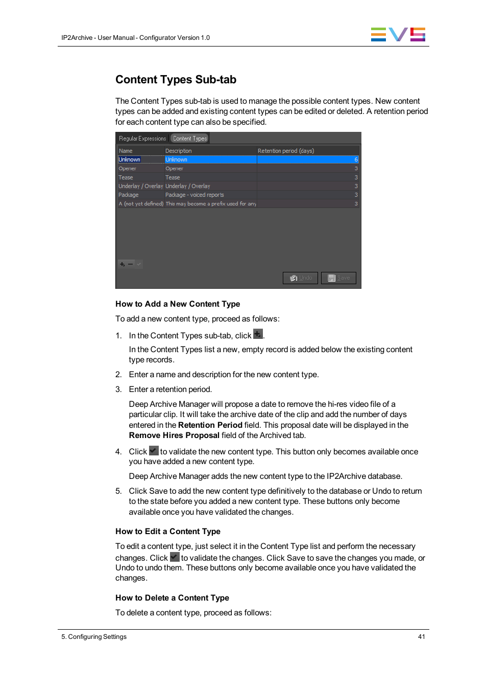 Content types sub-tab | EVS IP2Archive Configurator Version 1.0 - July 2013 User Manual User Manual | Page 45 / 73