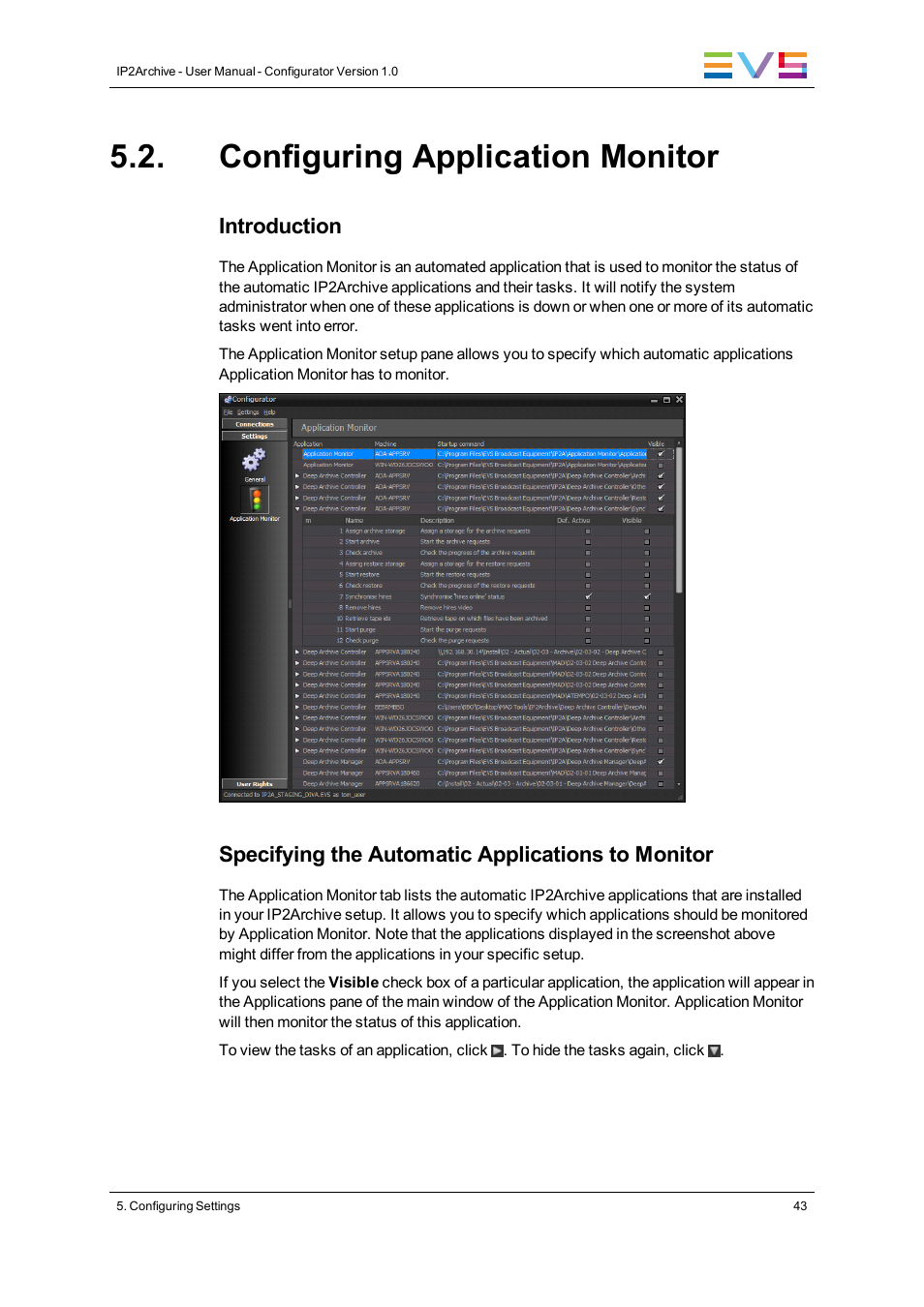 Configuring application monitor, Introduction, Specifying the automatic applications to monitor | EVS IP2Archive Configurator Version 1.0 - July 2013 User Manual User Manual | Page 47 / 73