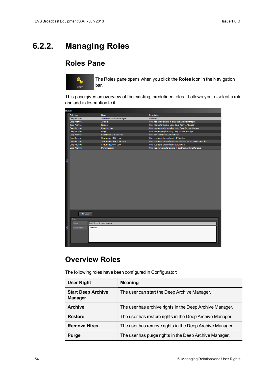 Managing roles, Roles pane, Overview roles | EVS IP2Archive Configurator Version 1.0 - July 2013 User Manual User Manual | Page 58 / 73