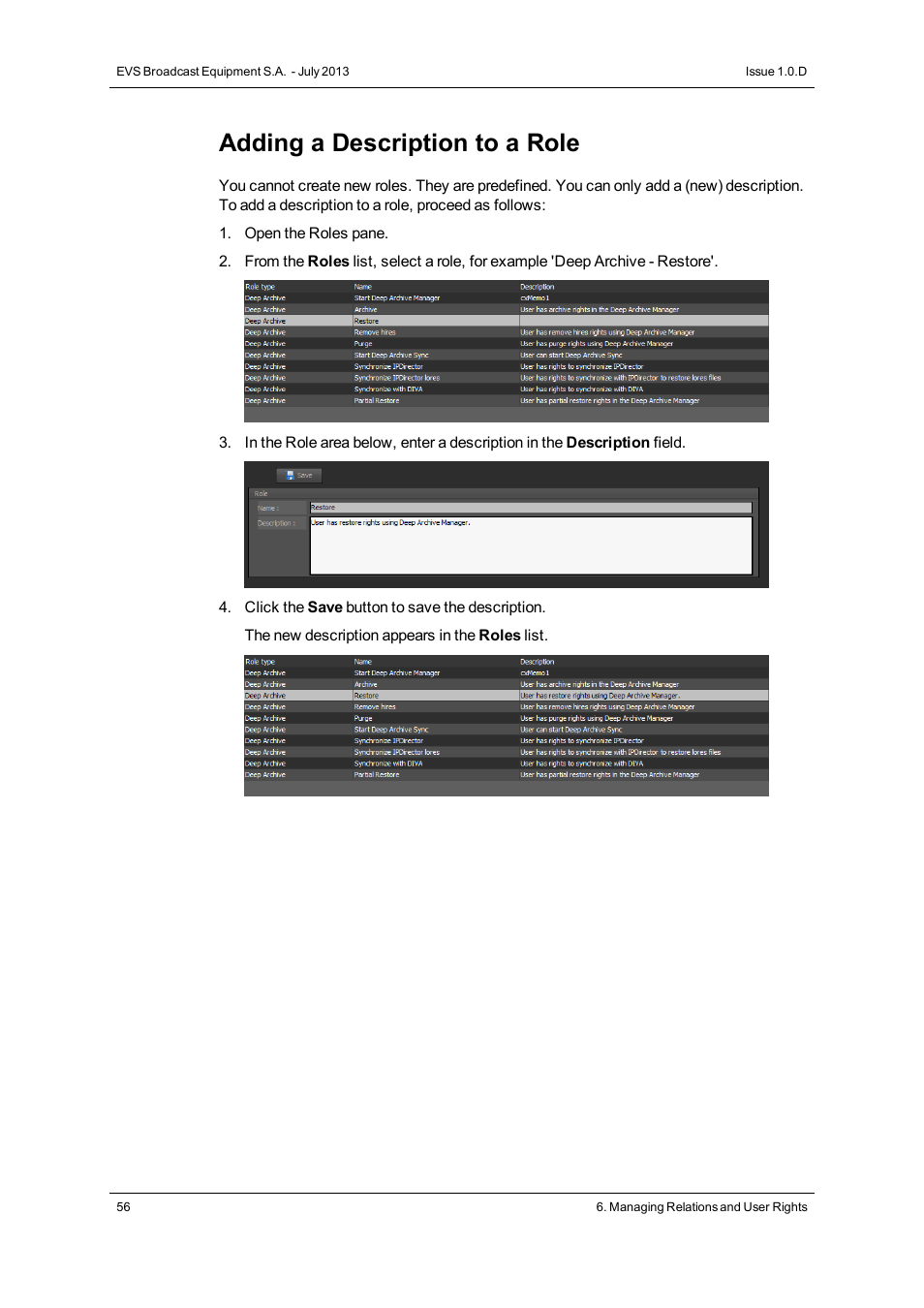 Adding a description to a role | EVS IP2Archive Configurator Version 1.0 - July 2013 User Manual User Manual | Page 60 / 73
