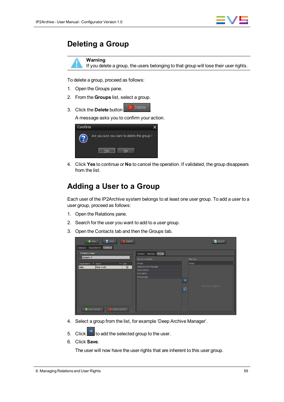 Deleting a group, Adding a user to a group | EVS IP2Archive Configurator Version 1.0 - July 2013 User Manual User Manual | Page 63 / 73