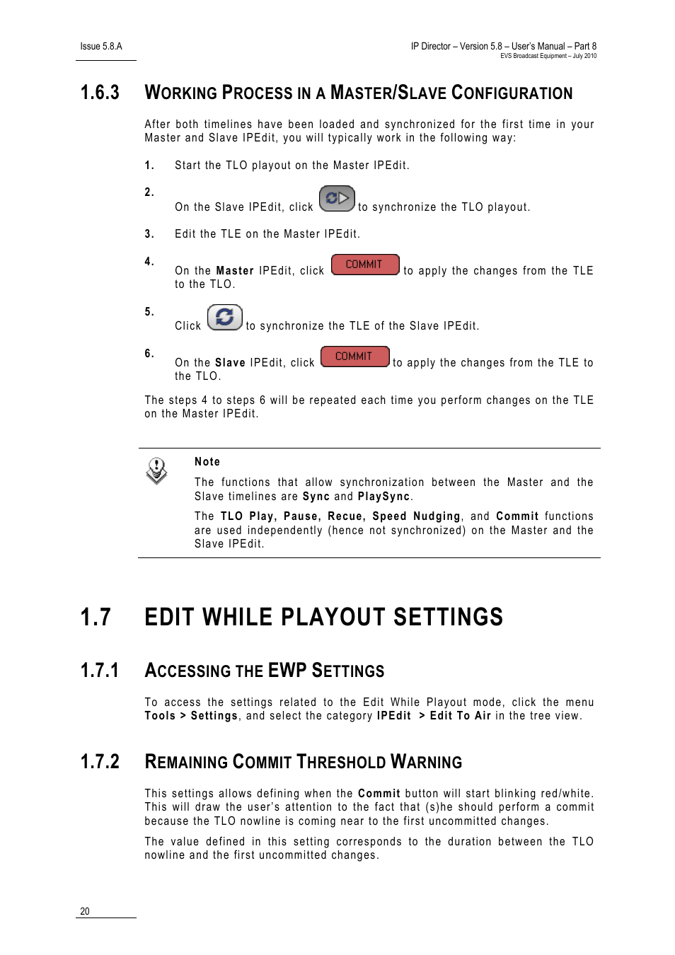 3 working process in a master/slave configuration, 7 edit while playout settings, 1 accessing the ewp settings | 2 remaining commit threshold warning, Working process in a master/slave configuration, Edit while playout settings, Accessing the ewp settings, Remaining commit threshold warning | EVS IPDirector Version 5.8 - July 2010 Part 8 User's Manual User Manual | Page 21 / 22