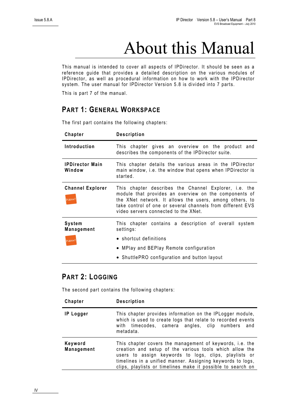 Part 1: general workspace, Part 2: logging, About this manual | EVS IPDirector Version 5.8 - July 2010 Part 8 User's Manual User Manual | Page 5 / 22