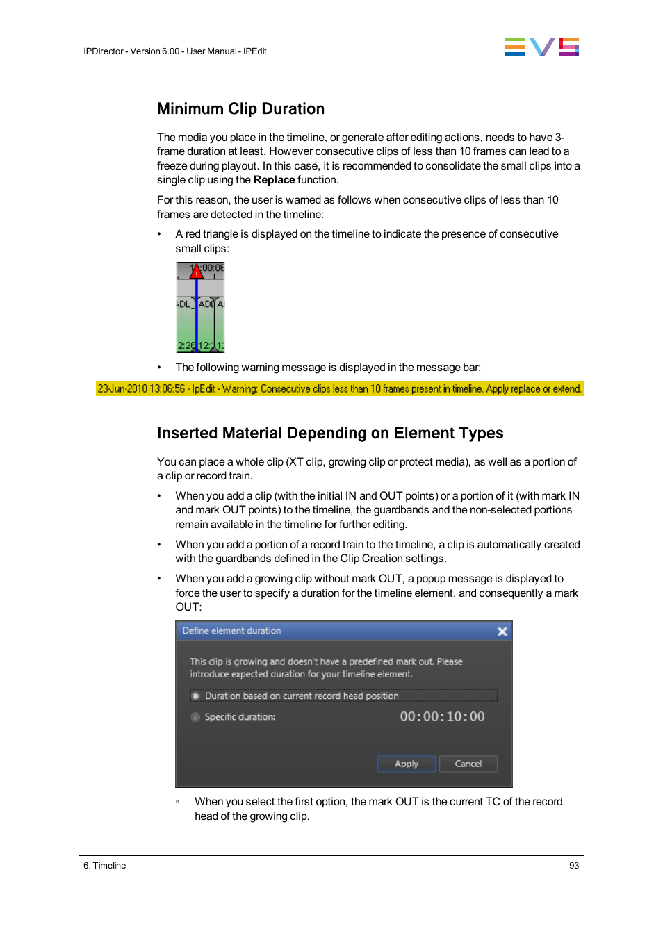 Minimum clip duration, Inserted material depending on element types | EVS IPDirector Version 6.0 - November 2012 Part 8 User's Manual User Manual | Page 105 / 250
