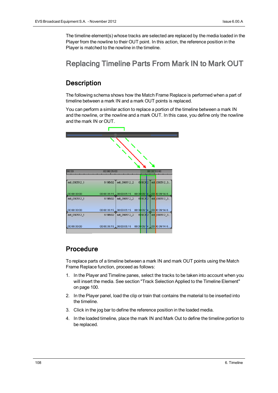Replacing timeline parts from mark in to mark out, Description, Procedure | EVS IPDirector Version 6.0 - November 2012 Part 8 User's Manual User Manual | Page 120 / 250