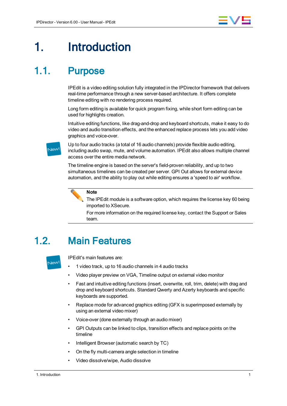 Introduction, Purpose, Main features | EVS IPDirector Version 6.0 - November 2012 Part 8 User's Manual User Manual | Page 13 / 250