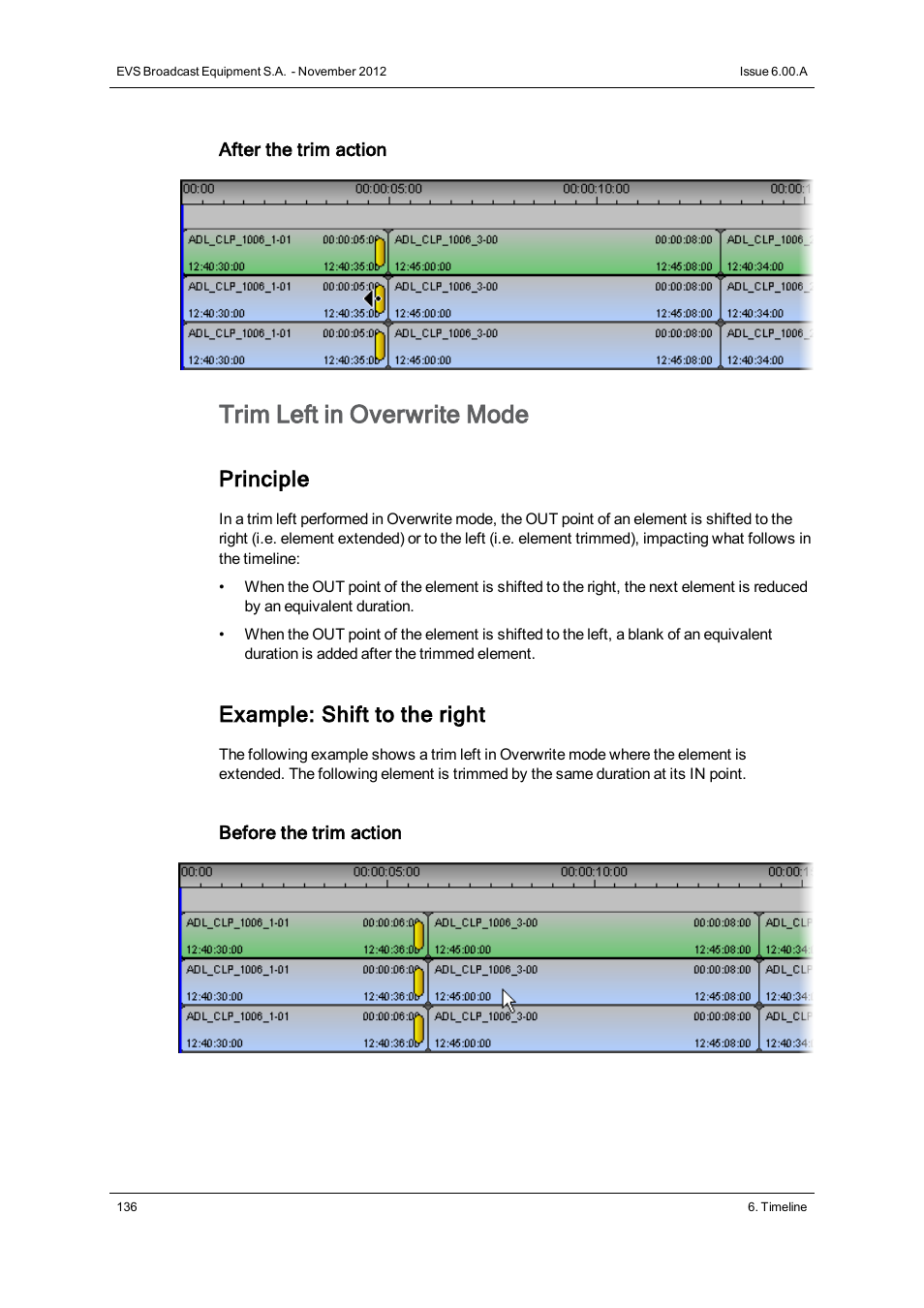 Trim left in overwrite mode, Principle, Example: shift to the right | EVS IPDirector Version 6.0 - November 2012 Part 8 User's Manual User Manual | Page 148 / 250