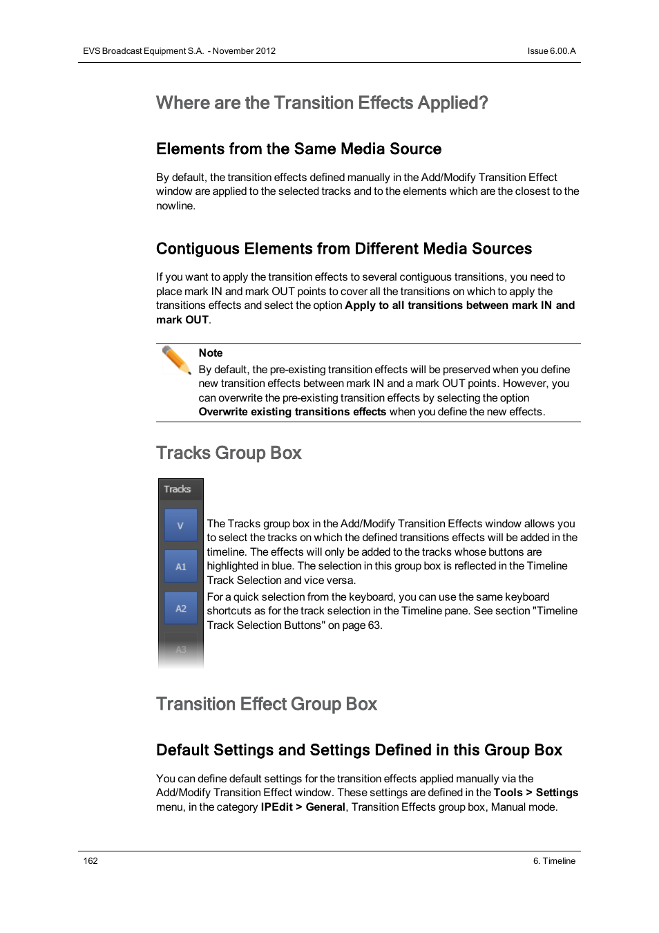 Where are the transition effects applied, Tracks group box, Transition effect group box | Elements from the same media source, Contiguous elements from different media sources | EVS IPDirector Version 6.0 - November 2012 Part 8 User's Manual User Manual | Page 174 / 250