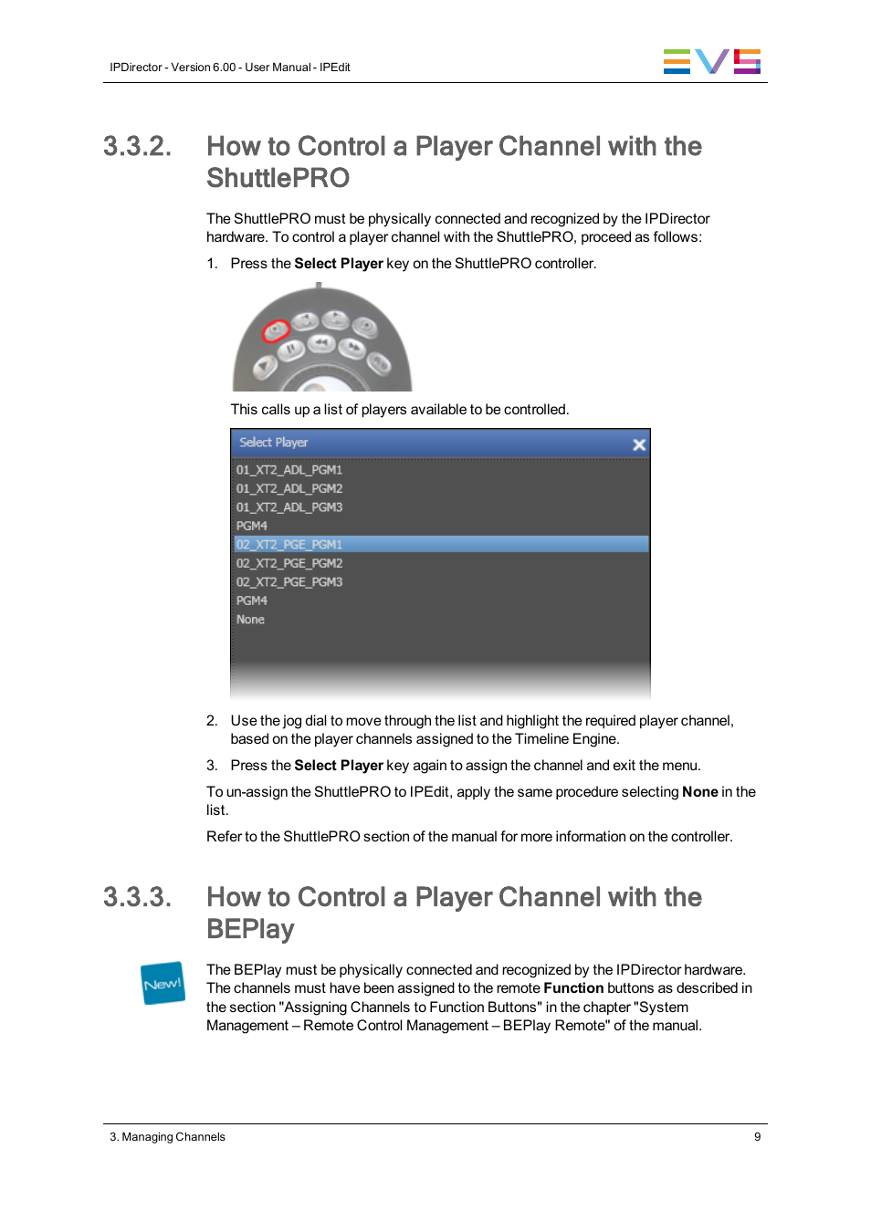 How to control a player channel with the beplay | EVS IPDirector Version 6.0 - November 2012 Part 8 User's Manual User Manual | Page 21 / 250