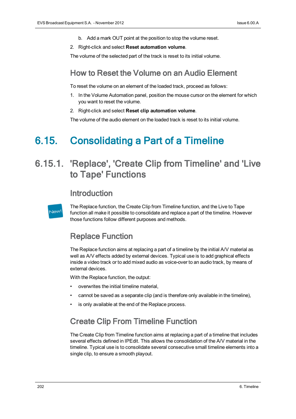 Consolidating a part of a timeline, How to reset the volume on an audio element, Introduction | Replace function, Create clip from timeline function | EVS IPDirector Version 6.0 - November 2012 Part 8 User's Manual User Manual | Page 214 / 250