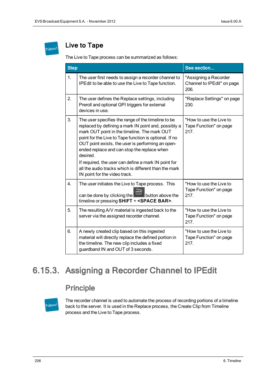 Assigning a recorder channel to ipedit, Principle, Live to tape | EVS IPDirector Version 6.0 - November 2012 Part 8 User's Manual User Manual | Page 218 / 250