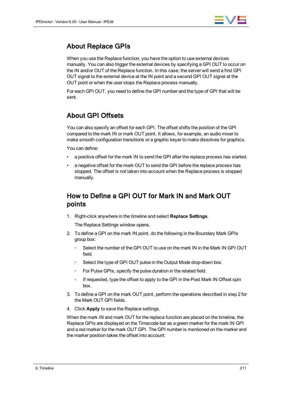 About replace gpis, About gpi offsets | EVS IPDirector Version 6.0 - November 2012 Part 8 User's Manual User Manual | Page 223 / 250