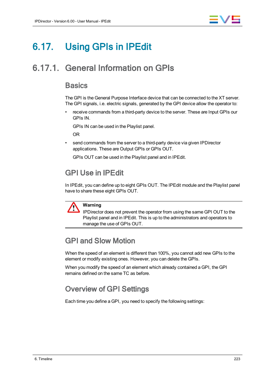 Using gpis in ipedit, General information on gpis, Basics | Gpi use in ipedit, Gpi and slow motion, Overview of gpi settings | EVS IPDirector Version 6.0 - November 2012 Part 8 User's Manual User Manual | Page 235 / 250