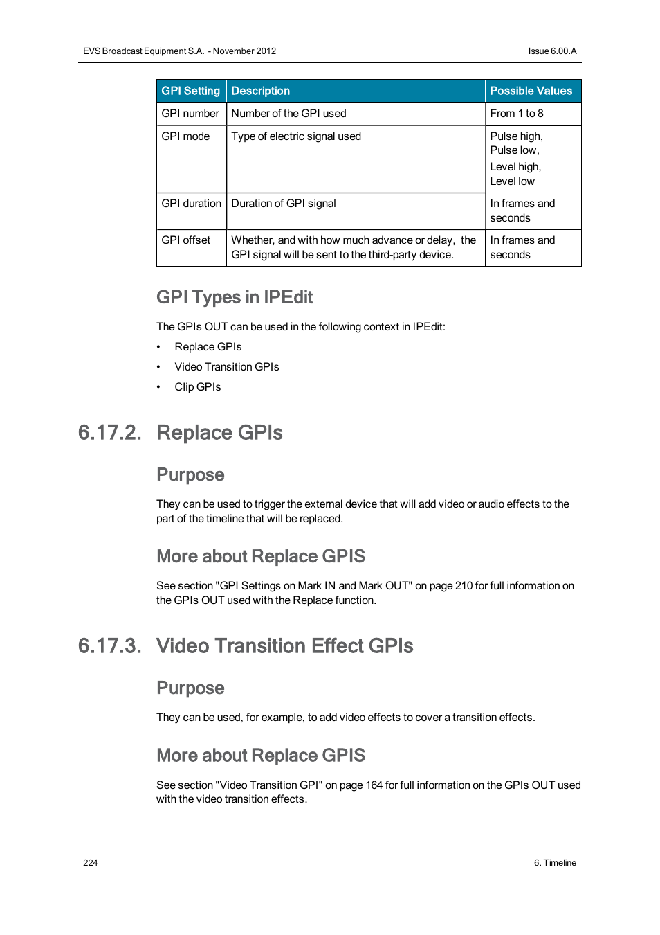 Replace gpis, Video transition effect gpis, Gpi types in ipedit | Purpose, More about replace gpis | EVS IPDirector Version 6.0 - November 2012 Part 8 User's Manual User Manual | Page 236 / 250