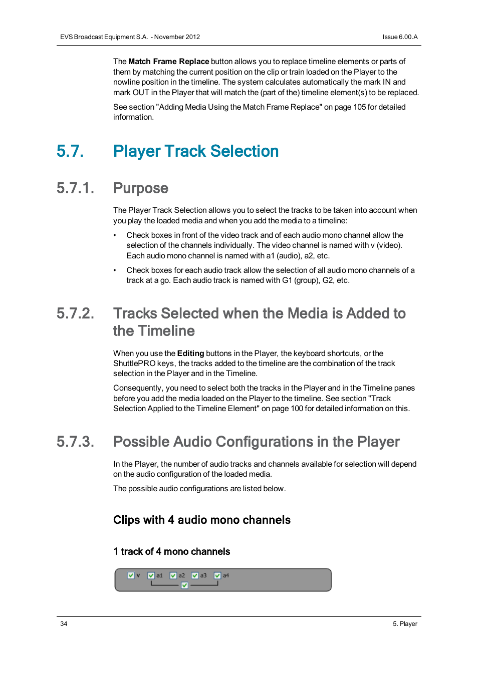 Player track selection, Purpose, Possible audio configurations in the player | EVS IPDirector Version 6.0 - November 2012 Part 8 User's Manual User Manual | Page 46 / 250