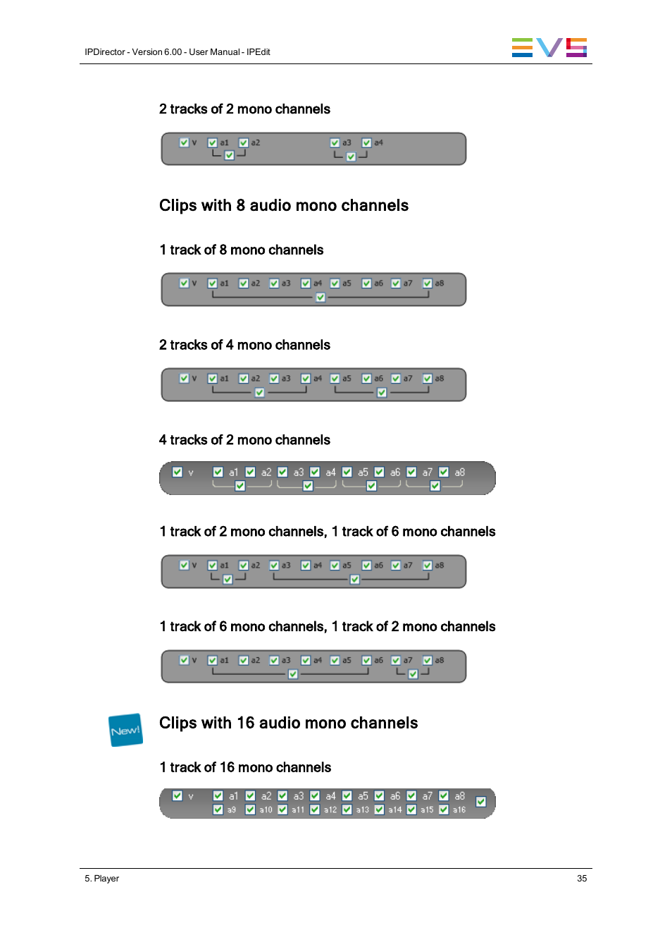 Clips with 8 audio mono channels, Clips with 16 audio mono channels | EVS IPDirector Version 6.0 - November 2012 Part 8 User's Manual User Manual | Page 47 / 250