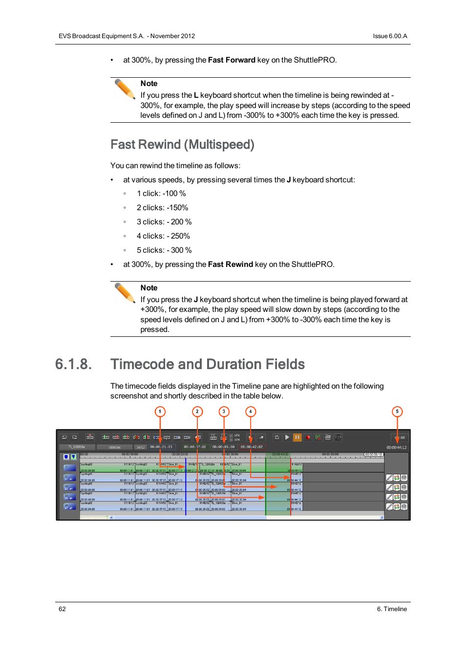 Timecode and duration fields, Fast rewind (multispeed) | EVS IPDirector Version 6.0 - November 2012 Part 8 User's Manual User Manual | Page 74 / 250