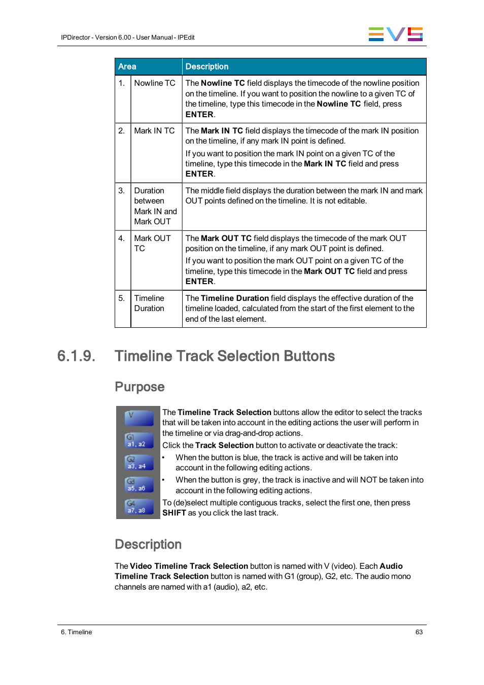 Timeline track selection buttons, Purpose, Description | EVS IPDirector Version 6.0 - November 2012 Part 8 User's Manual User Manual | Page 75 / 250