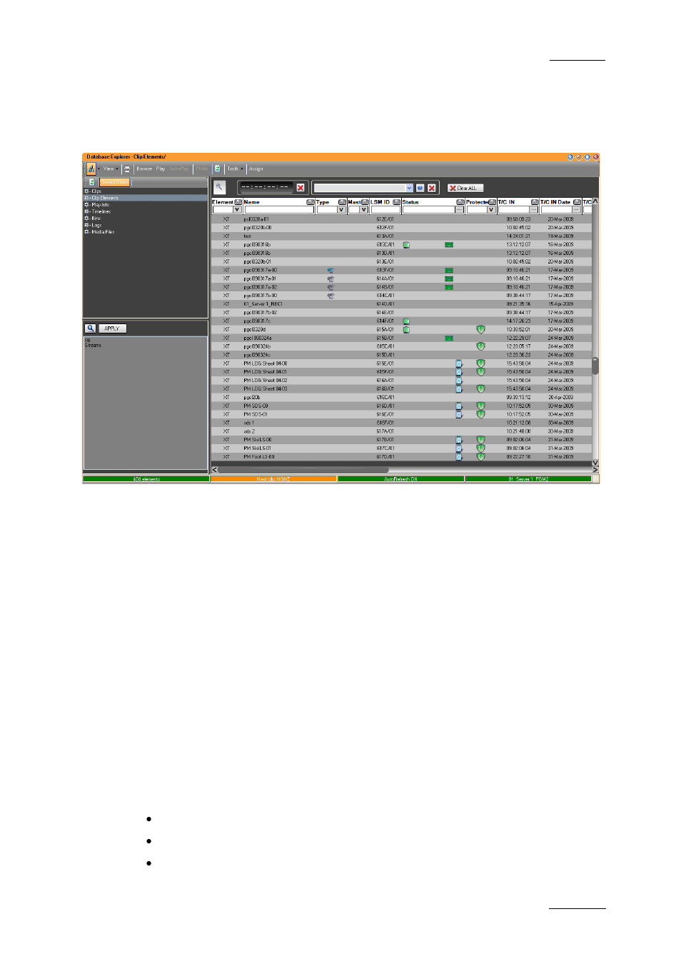 3 database explorer, Clips & playlists, Timelines | Files, Bins & logs, Atabase, Xplorer | EVS IPDirector Version 5.6 - May 2009 Part 1 User's Manual User Manual | Page 16 / 121