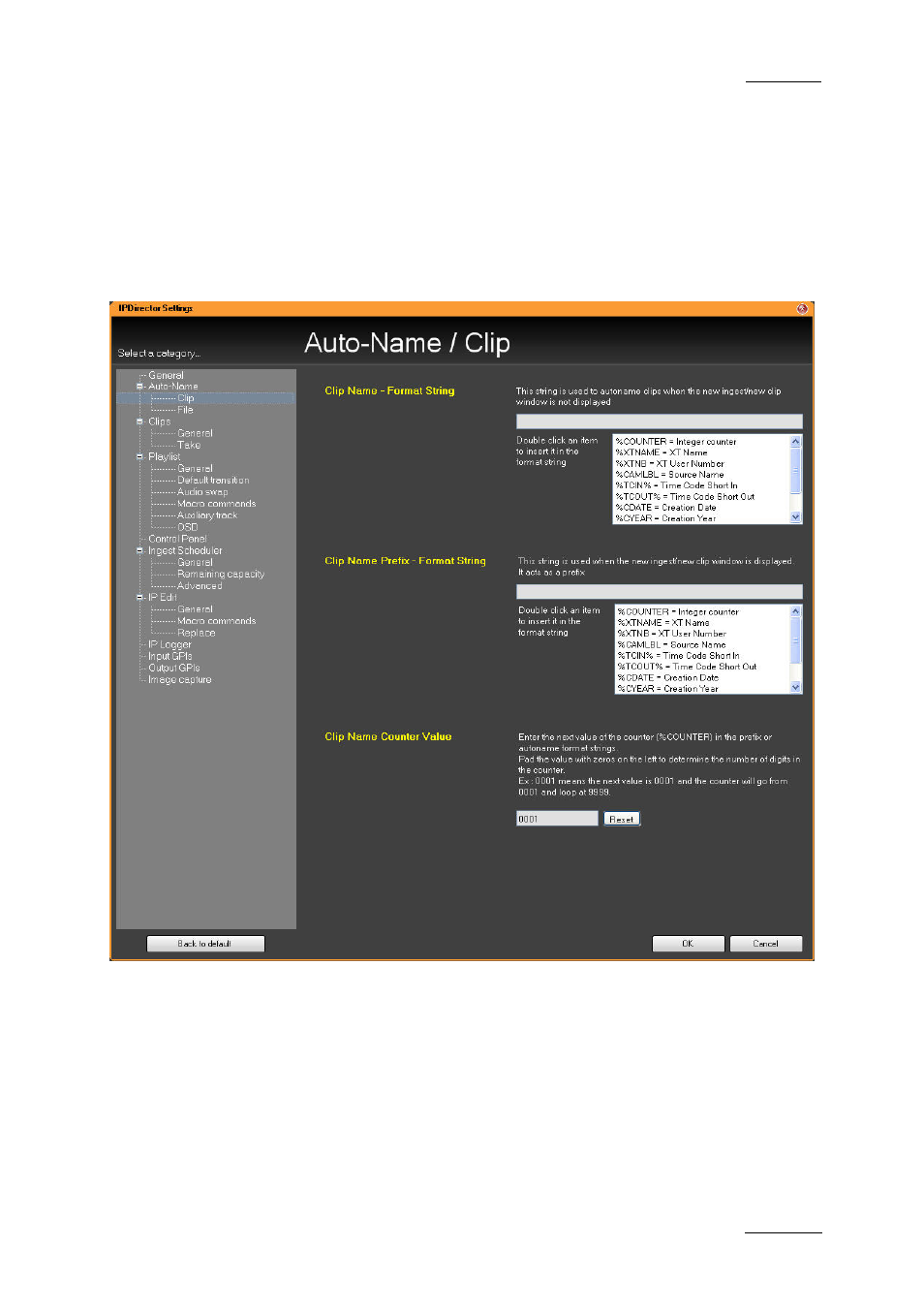 2 auto-name settings, Auto-name settings for clips, Clip name – format string | EVS IPDirector Version 5.6 - May 2009 Part 1 User's Manual User Manual | Page 68 / 121