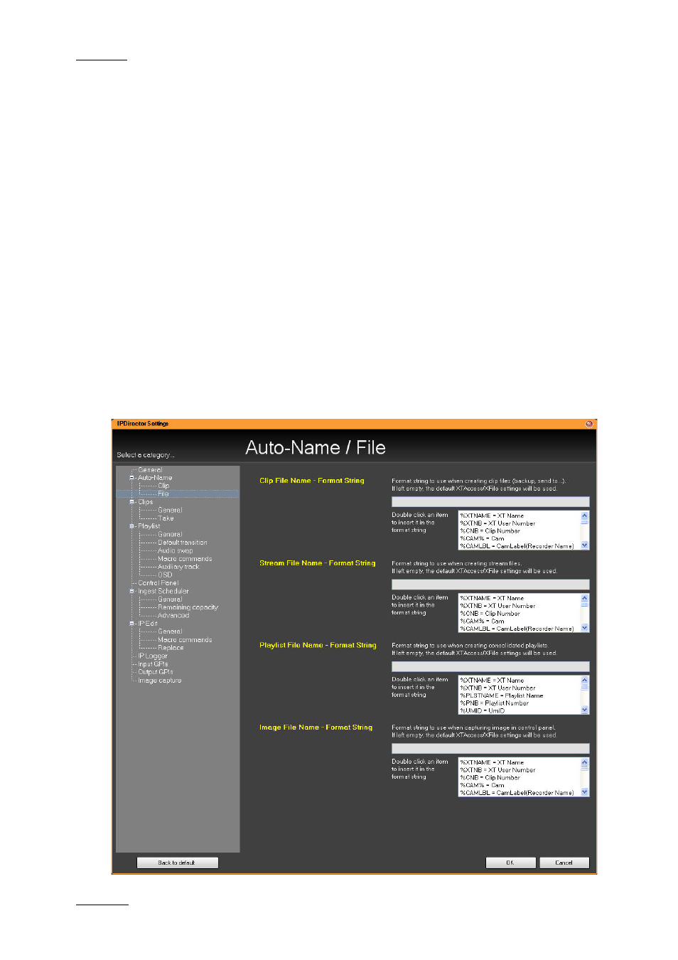 Clip name prefix – format string, Clip name counter value, Auto-name settings for files | EVS IPDirector Version 5.6 - May 2009 Part 1 User's Manual User Manual | Page 69 / 121