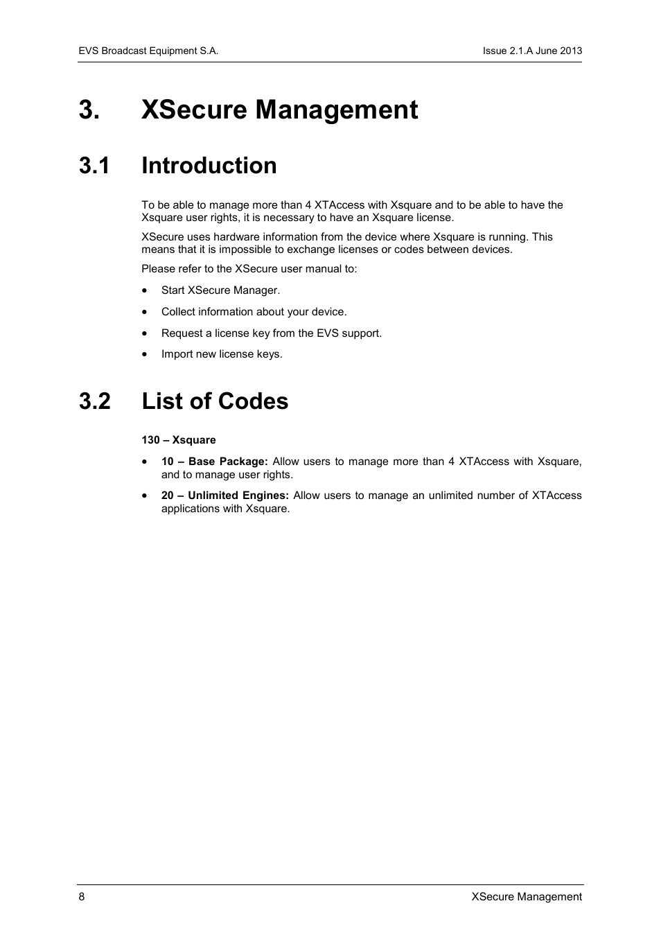 Xsecure management, 1 introduction, 2 list of codes | Introduction, List of codes | EVS Xsquare Version 2.1 Installation Manual User Manual | Page 10 / 12