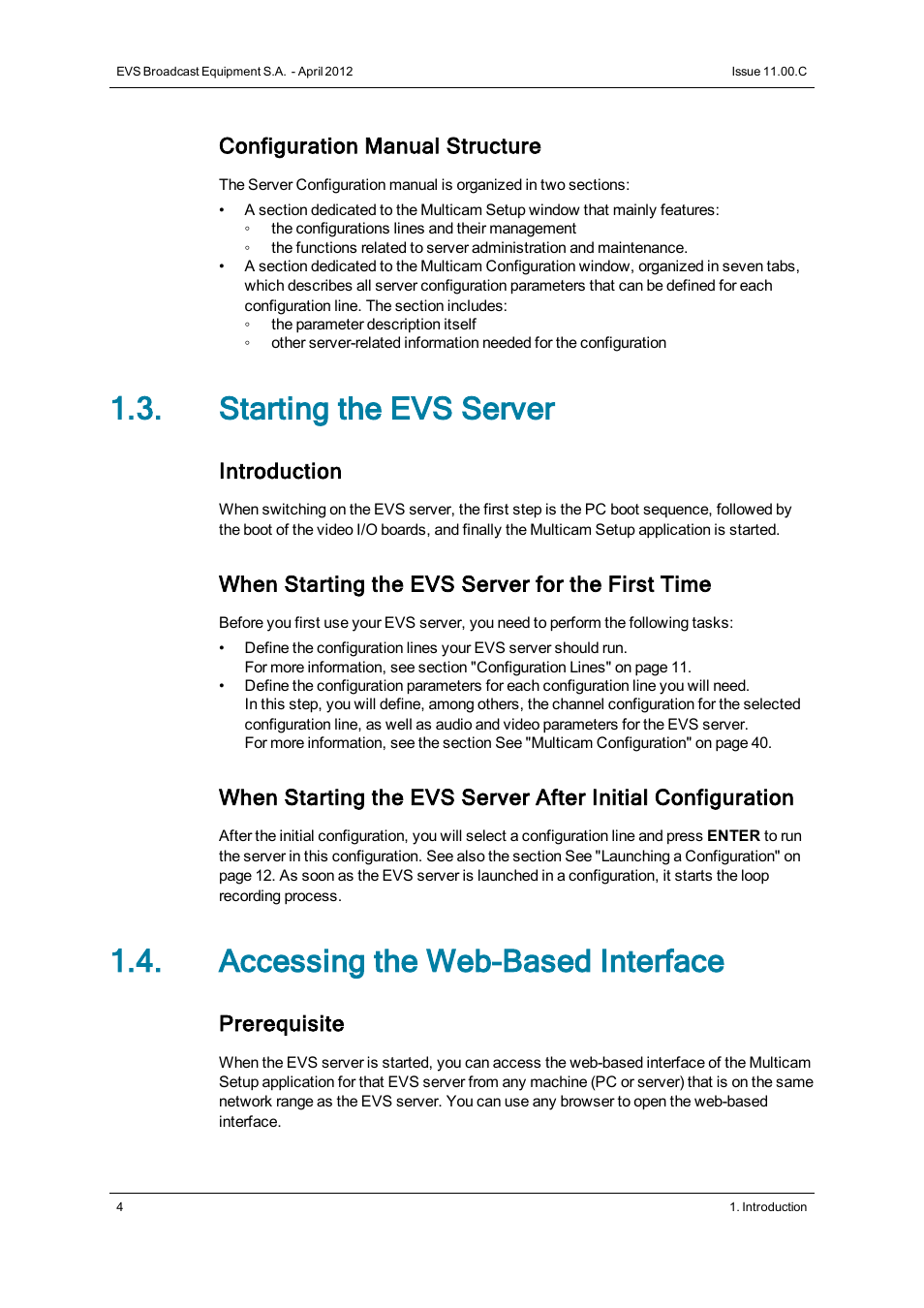 Starting the evs server, Accessing the web-based interface, Configuration manual structure | Introduction, When starting the evs server for the first time, Prerequisite | EVS XT3 Version 11.00 Configuration Manual User Manual | Page 10 / 227