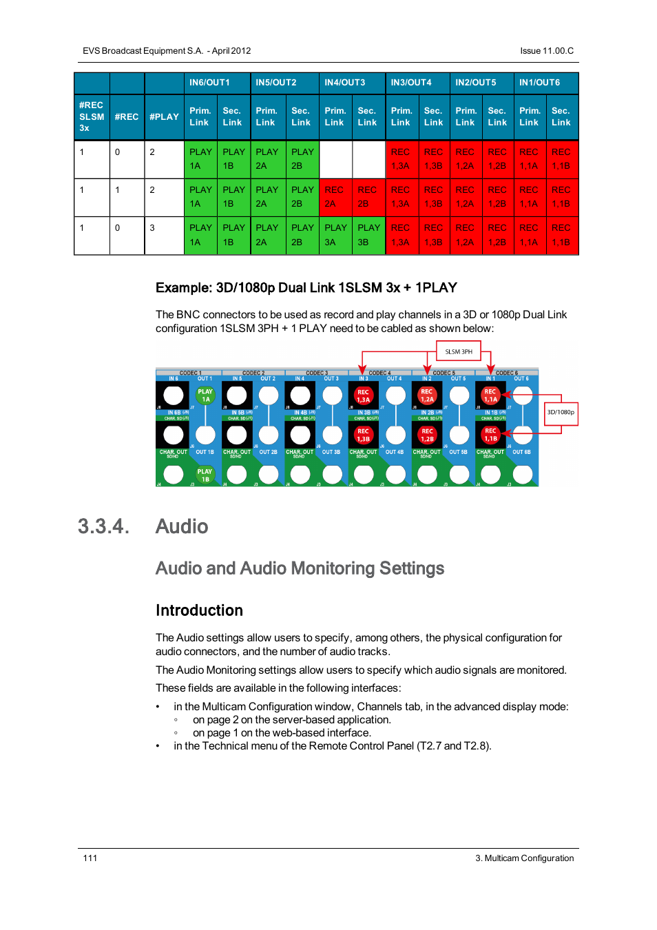 Audio, Audio settings, Audio and audio monitoring settings | Introduction | EVS XT3 Version 11.00 Configuration Manual User Manual | Page 117 / 227