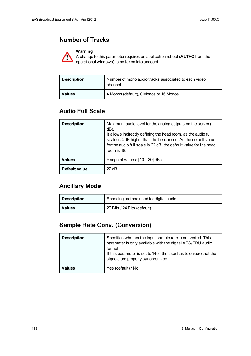 Number of tracks, Audio full scale, Ancillary mode | Sample rate conv. (conversion) | EVS XT3 Version 11.00 Configuration Manual User Manual | Page 119 / 227