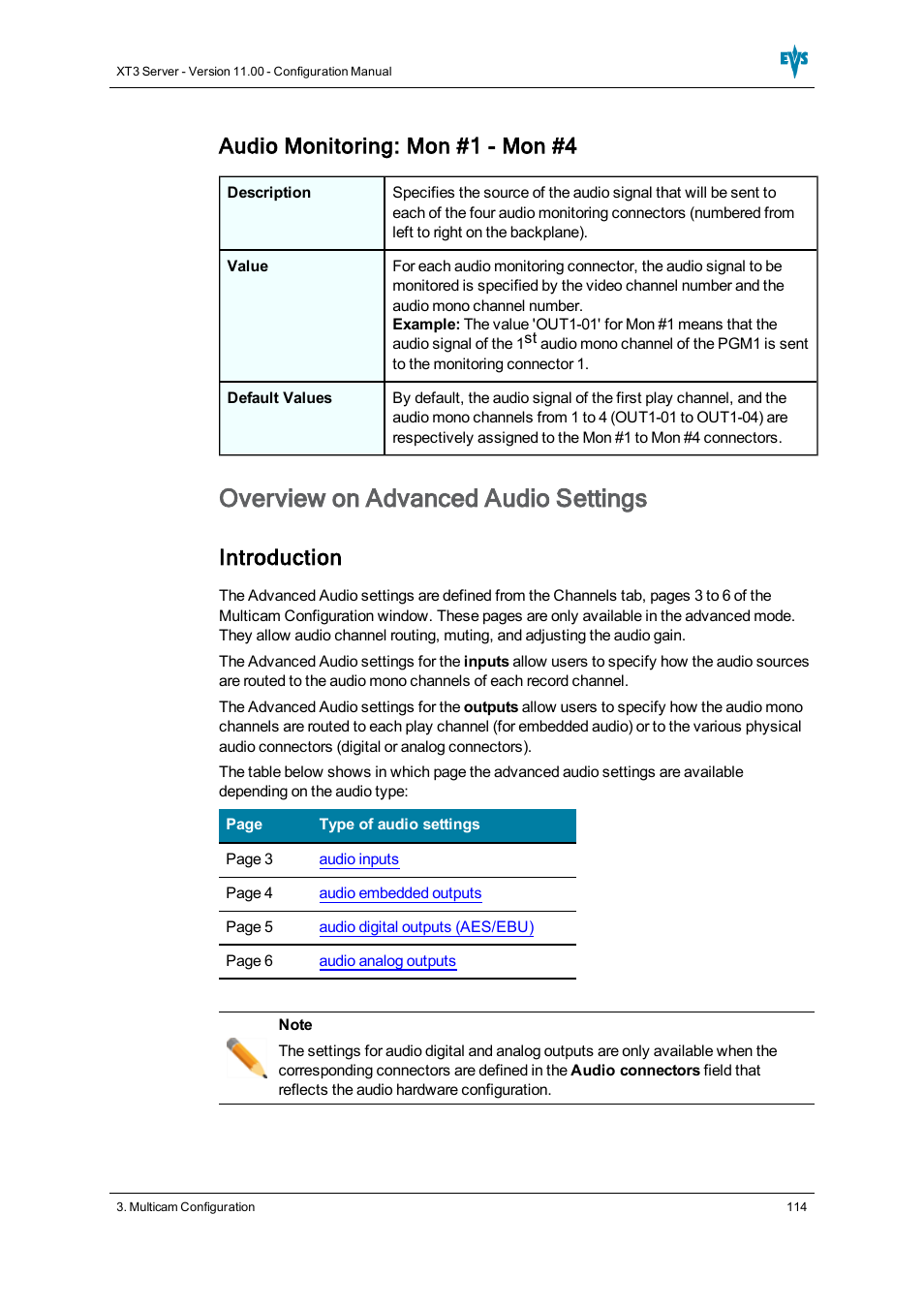 Advanced audio settings, Overview on advanced audio settings, Audio monitoring: mon #1 - mon #4 | Introduction | EVS XT3 Version 11.00 Configuration Manual User Manual | Page 120 / 227