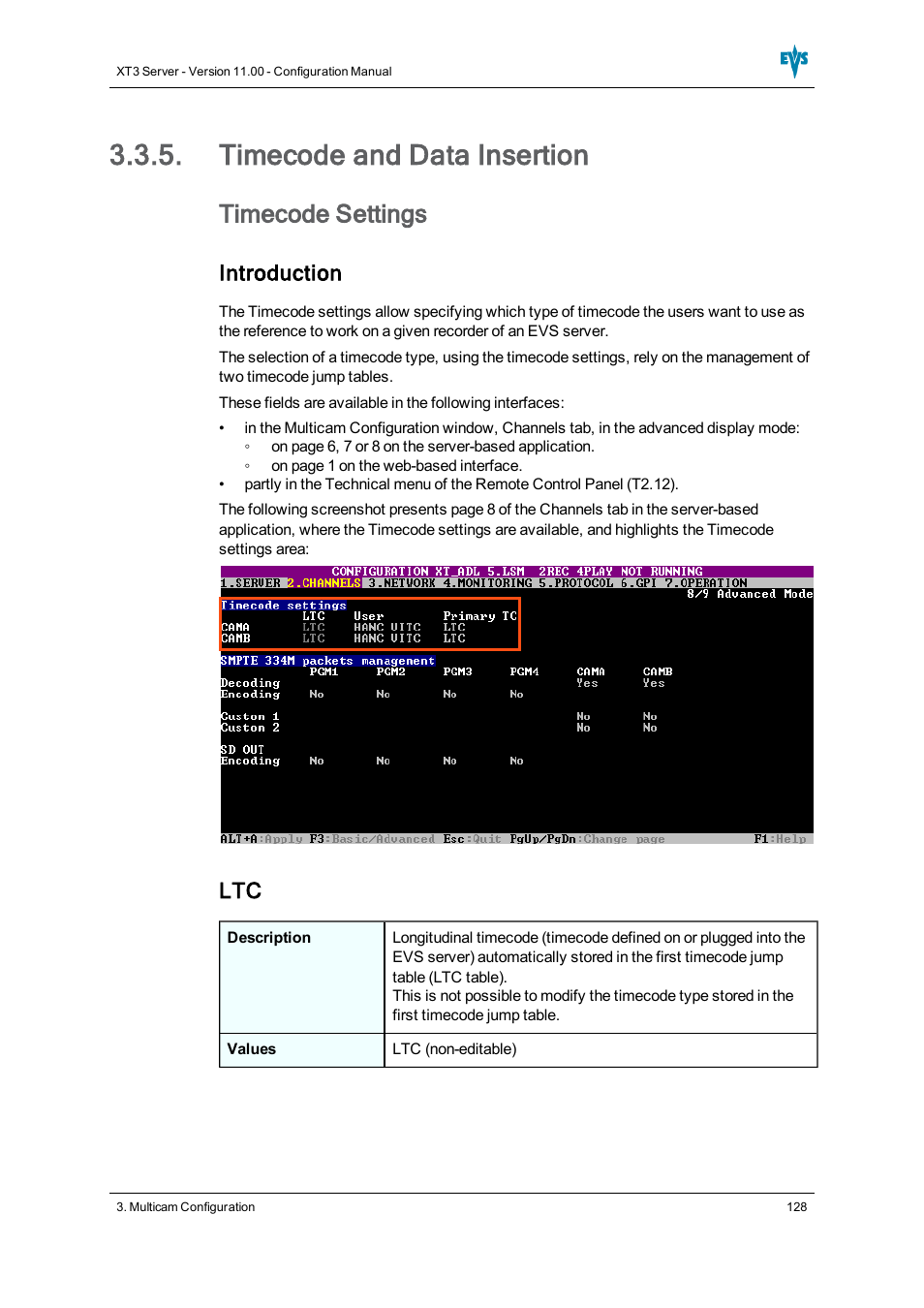 Timecode and data insertion, Timecode settings, Introduction | EVS XT3 Version 11.00 Configuration Manual User Manual | Page 134 / 227