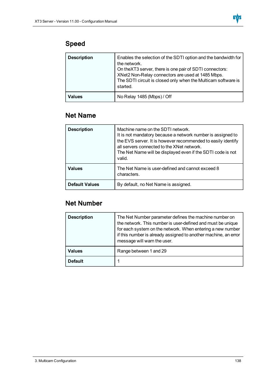 Speed, Net name, Net number | EVS XT3 Version 11.00 Configuration Manual User Manual | Page 144 / 227