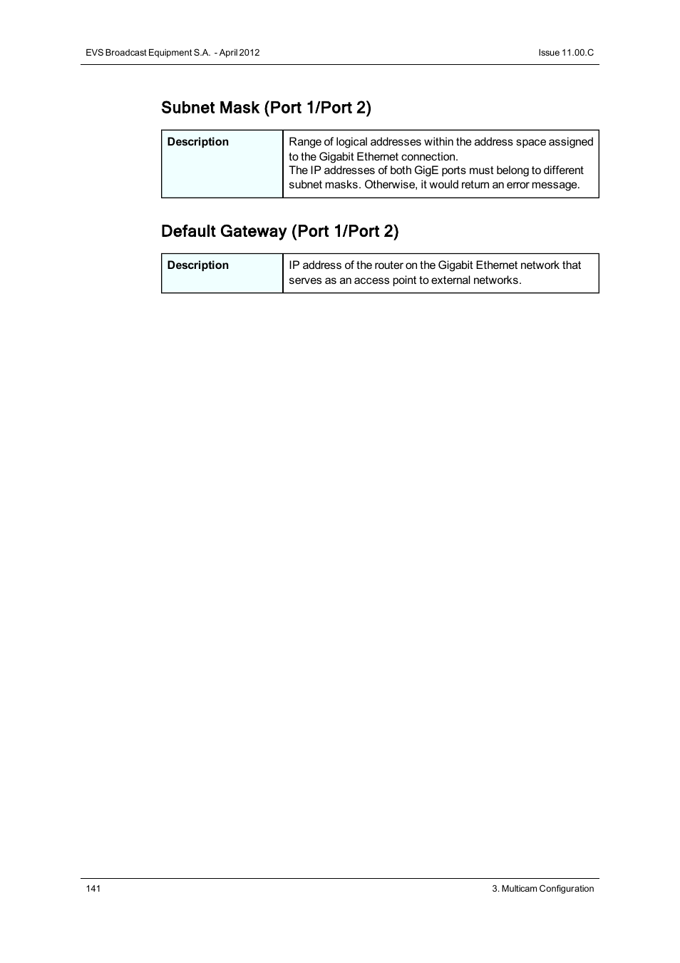 Subnet mask (port 1/port 2), Default gateway (port 1/port 2) | EVS XT3 Version 11.00 Configuration Manual User Manual | Page 147 / 227