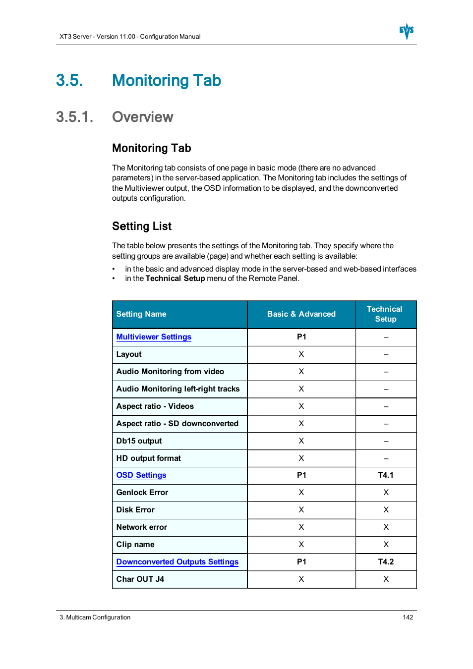 Monitoring tab, Overview, Monitoring settings | Setting list | EVS XT3 Version 11.00 Configuration Manual User Manual | Page 148 / 227