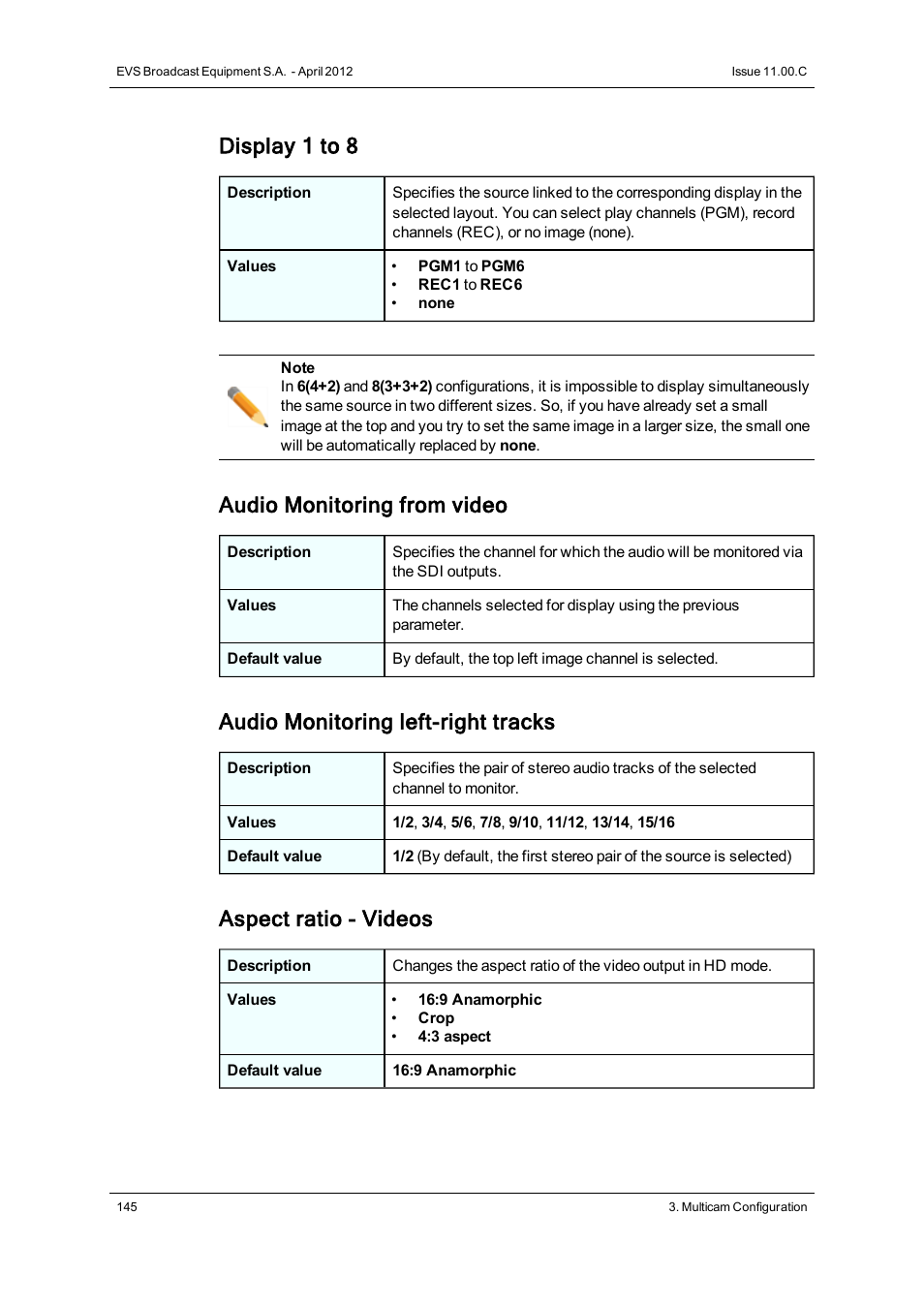 Display 1 to 8, Audio monitoring from video, Audio monitoring left-right tracks | Aspect ratio - videos | EVS XT3 Version 11.00 Configuration Manual User Manual | Page 151 / 227