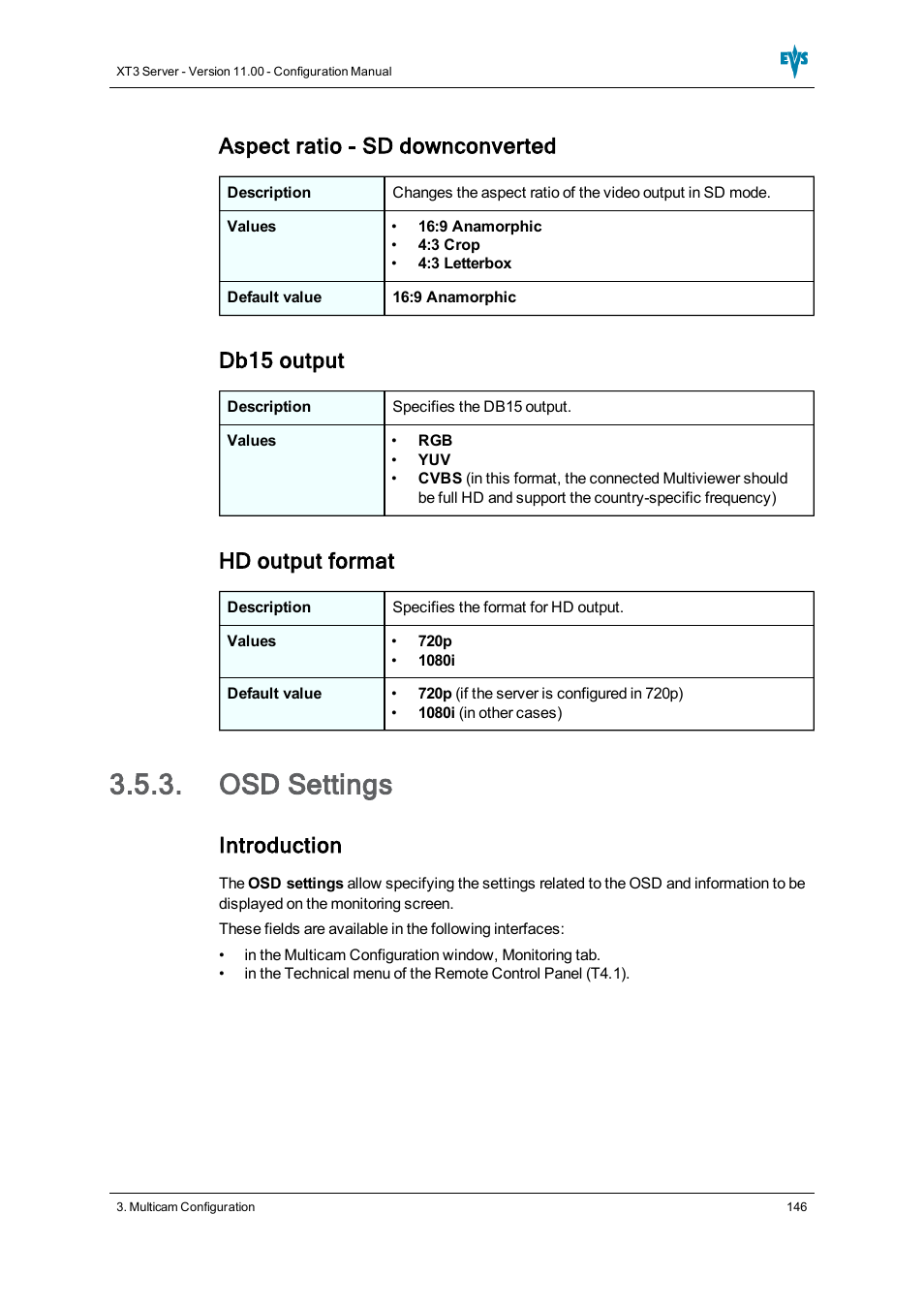 Osd settings, Aspect ratio - sd downconverted, Db15 output | Hd output format, Introduction | EVS XT3 Version 11.00 Configuration Manual User Manual | Page 152 / 227