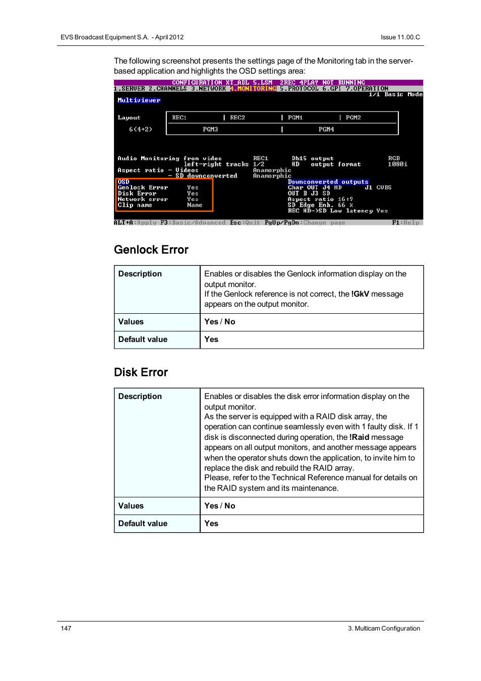 Genlock error, Disk error | EVS XT3 Version 11.00 Configuration Manual User Manual | Page 153 / 227