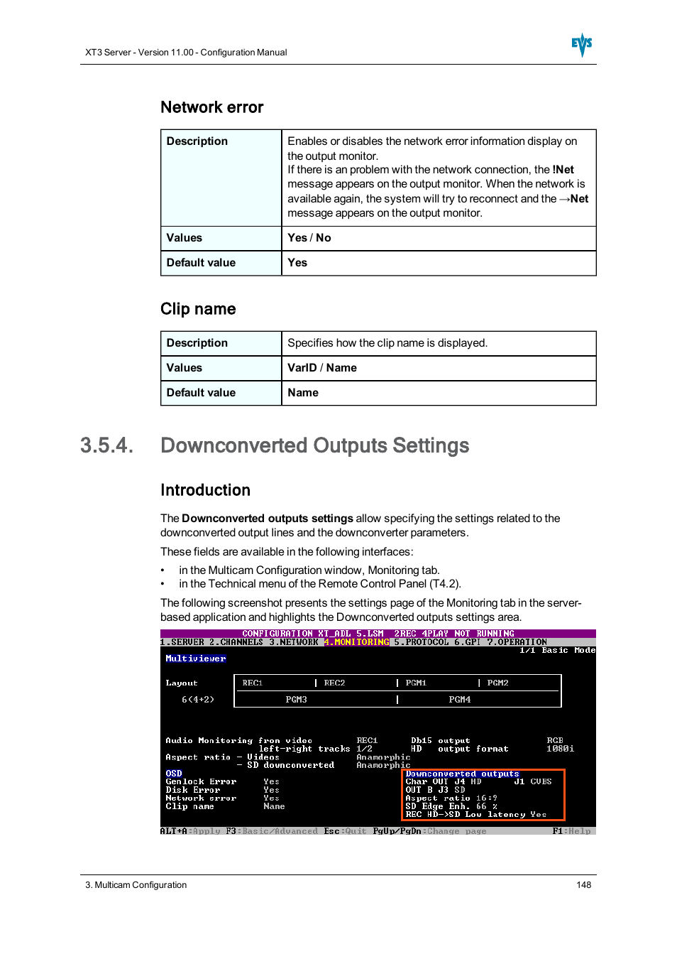 Downconverted outputs settings, Network error, Clip name | Introduction | EVS XT3 Version 11.00 Configuration Manual User Manual | Page 154 / 227
