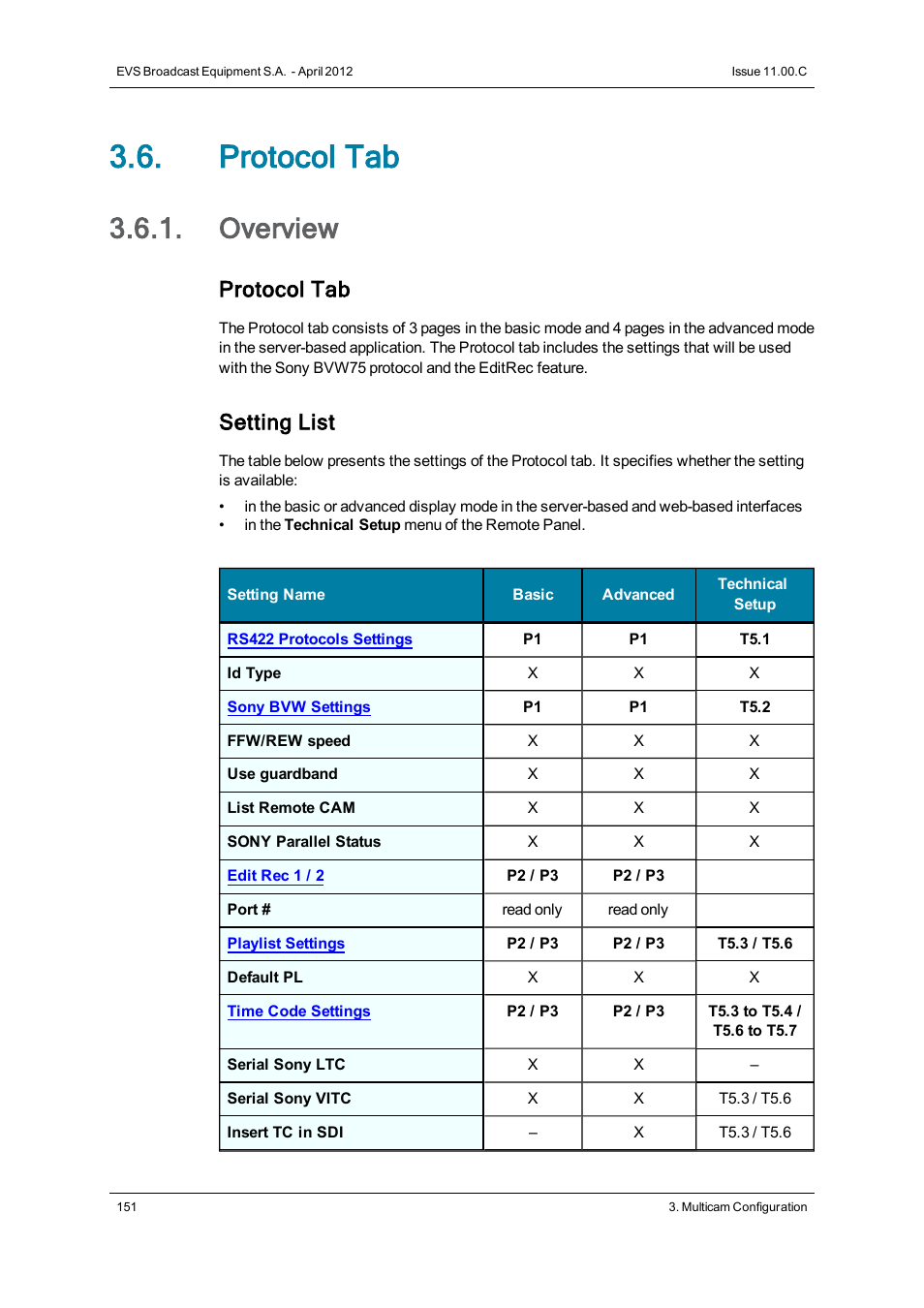 Protocol tab, Overview, Protocol settings | Setting list | EVS XT3 Version 11.00 Configuration Manual User Manual | Page 157 / 227