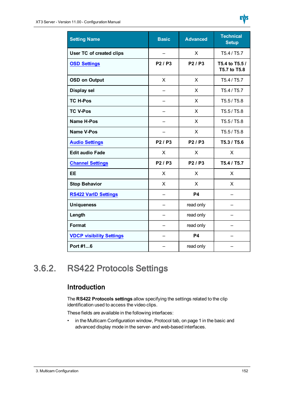Rs422 protocols settings, Introduction | EVS XT3 Version 11.00 Configuration Manual User Manual | Page 158 / 227