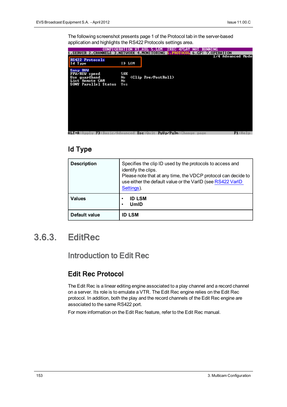 Editrec, Edit rec 1 / 2, Introduction to edit rec | Id type, Edit rec protocol | EVS XT3 Version 11.00 Configuration Manual User Manual | Page 159 / 227