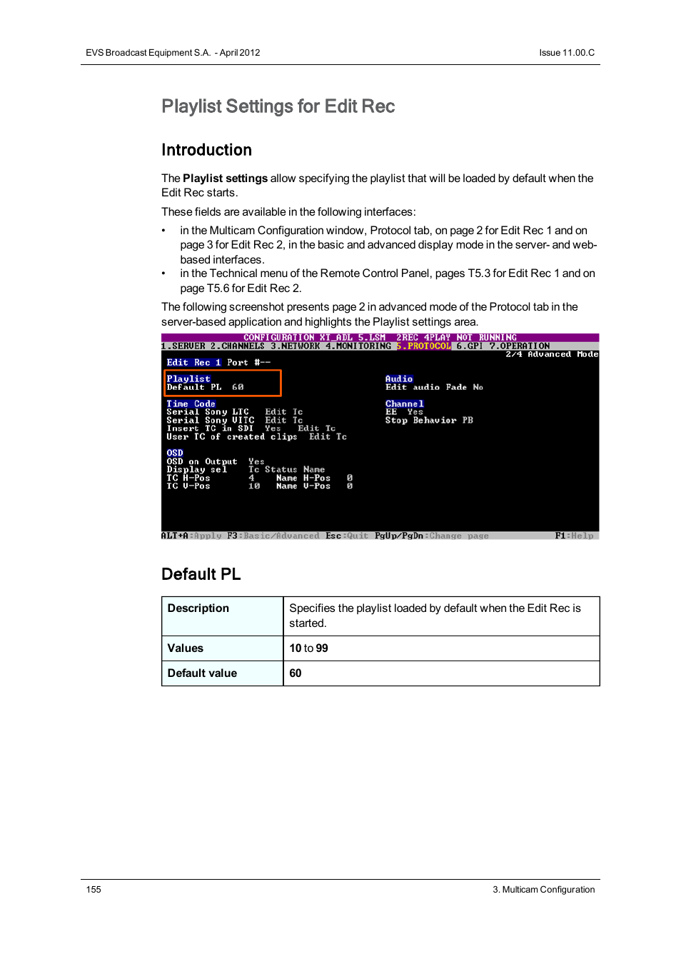 Playlist settings, Playlist settings for edit rec, Introduction | Default pl | EVS XT3 Version 11.00 Configuration Manual User Manual | Page 161 / 227