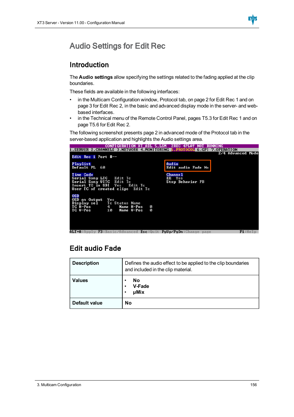 Audio settings, Audio settings for edit rec, Introduction | Edit audio fade | EVS XT3 Version 11.00 Configuration Manual User Manual | Page 162 / 227