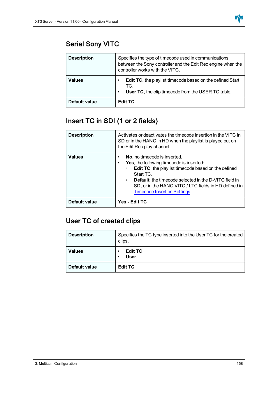 Serial sony vitc, Insert tc in sdi (1 or 2 fields), User tc of created clips | EVS XT3 Version 11.00 Configuration Manual User Manual | Page 164 / 227