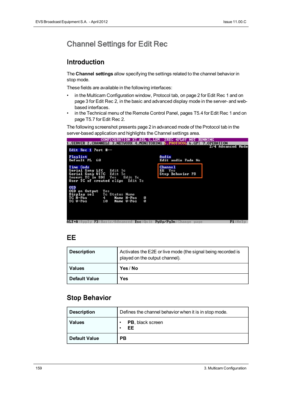 Channel settings, Channel settings for edit rec, Introduction | Stop behavior | EVS XT3 Version 11.00 Configuration Manual User Manual | Page 165 / 227
