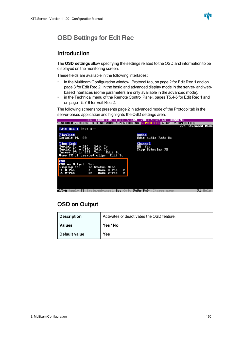 Osd settings, Osd settings for edit rec, Introduction | Osd on output | EVS XT3 Version 11.00 Configuration Manual User Manual | Page 166 / 227